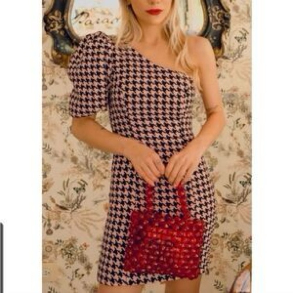 MAJORELLE Kirsten Mini Dress in Pink Multi One-Shoulder Houndstooth Sz XXS